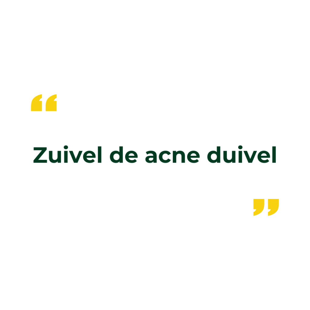 zuivel de acne duivel in quoate marks in de kleuren van vaker vegan: donker groen geel op witte achtergrond